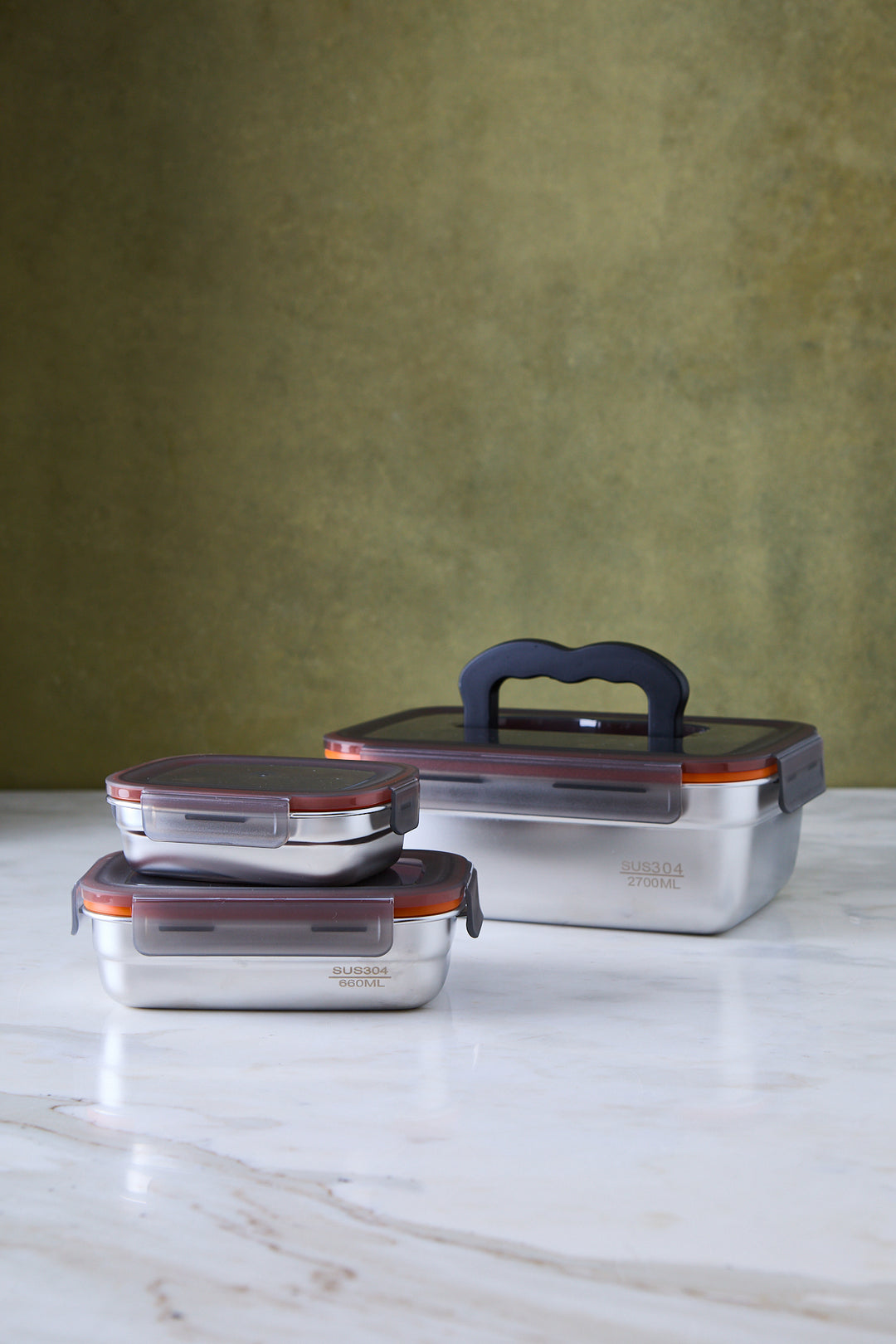 RECIPIENTE DE ALIMENTOS ACERO TAPA DE PVC x 3