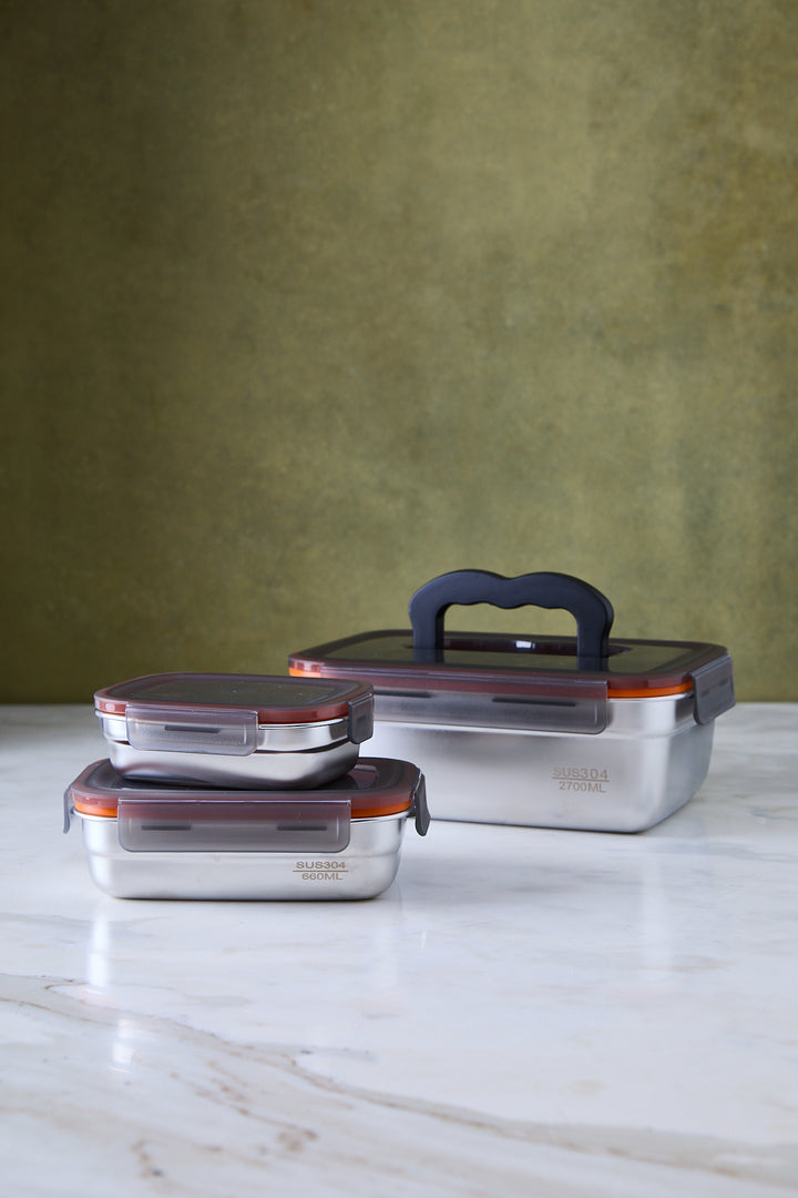 RECIPIENTE DE ALIMENTOS ACERO TAPA DE PVC x 3