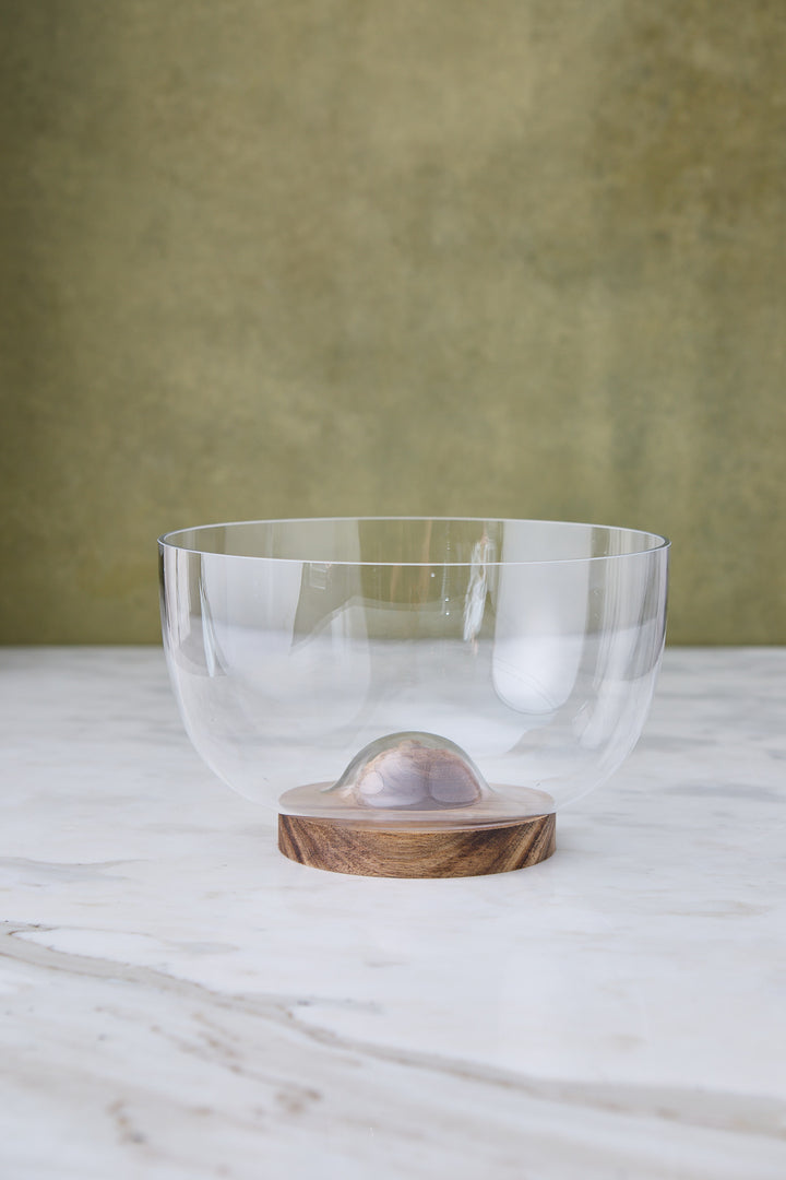 ENSALADERA DE VIDRIO BASE DE MADERA 23CM