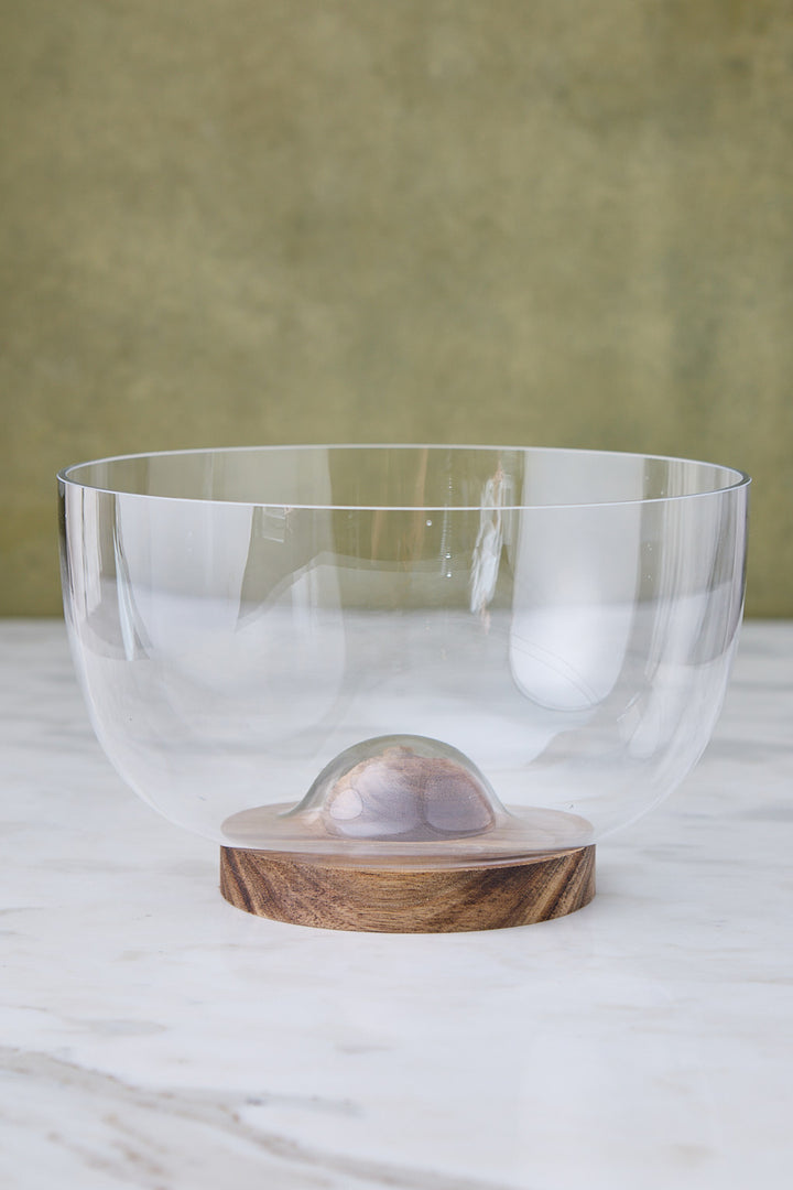 ENSALADERA DE VIDRIO BASE DE MADERA 23CM