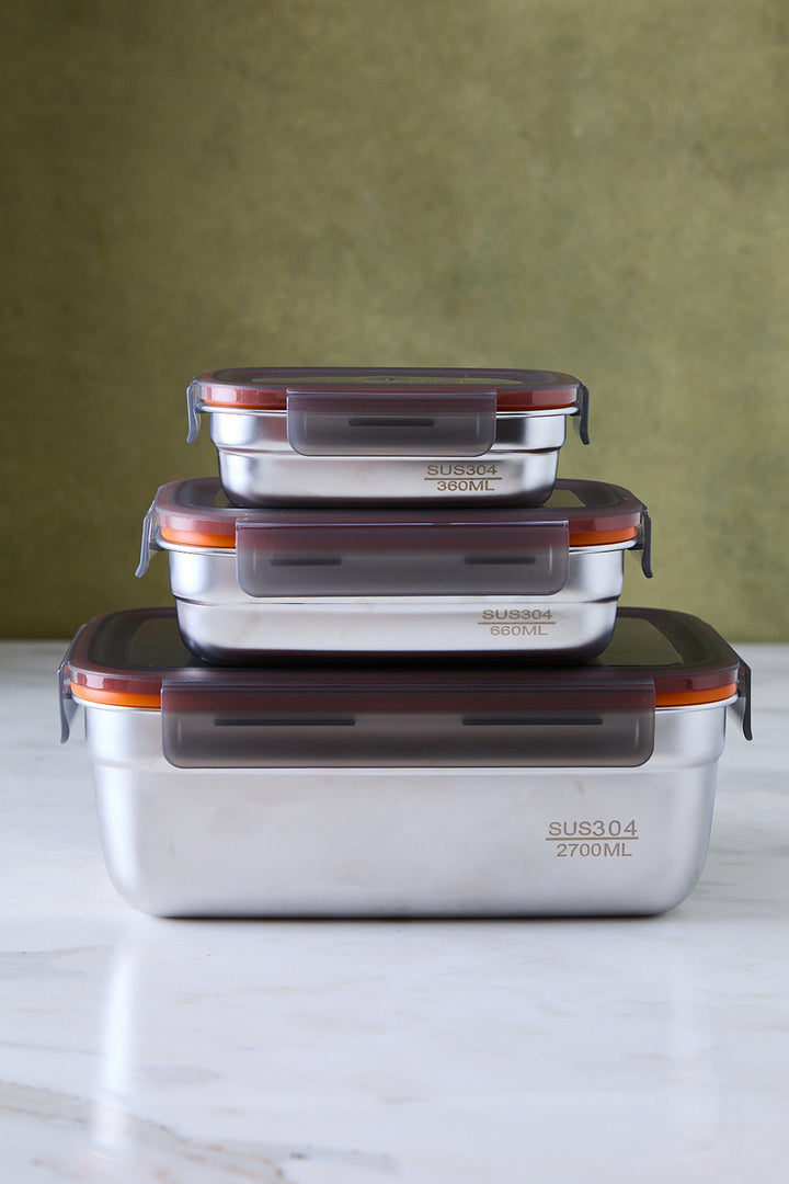 RECIPIENTE DE ALIMENTOS ACERO TAPA DE PVC x 3